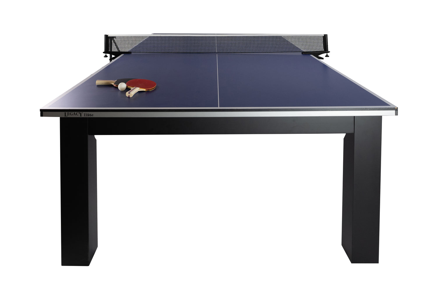 Legacy Billiards Baylor Table Tennis Table in Graphite Finish - End View with Paddles