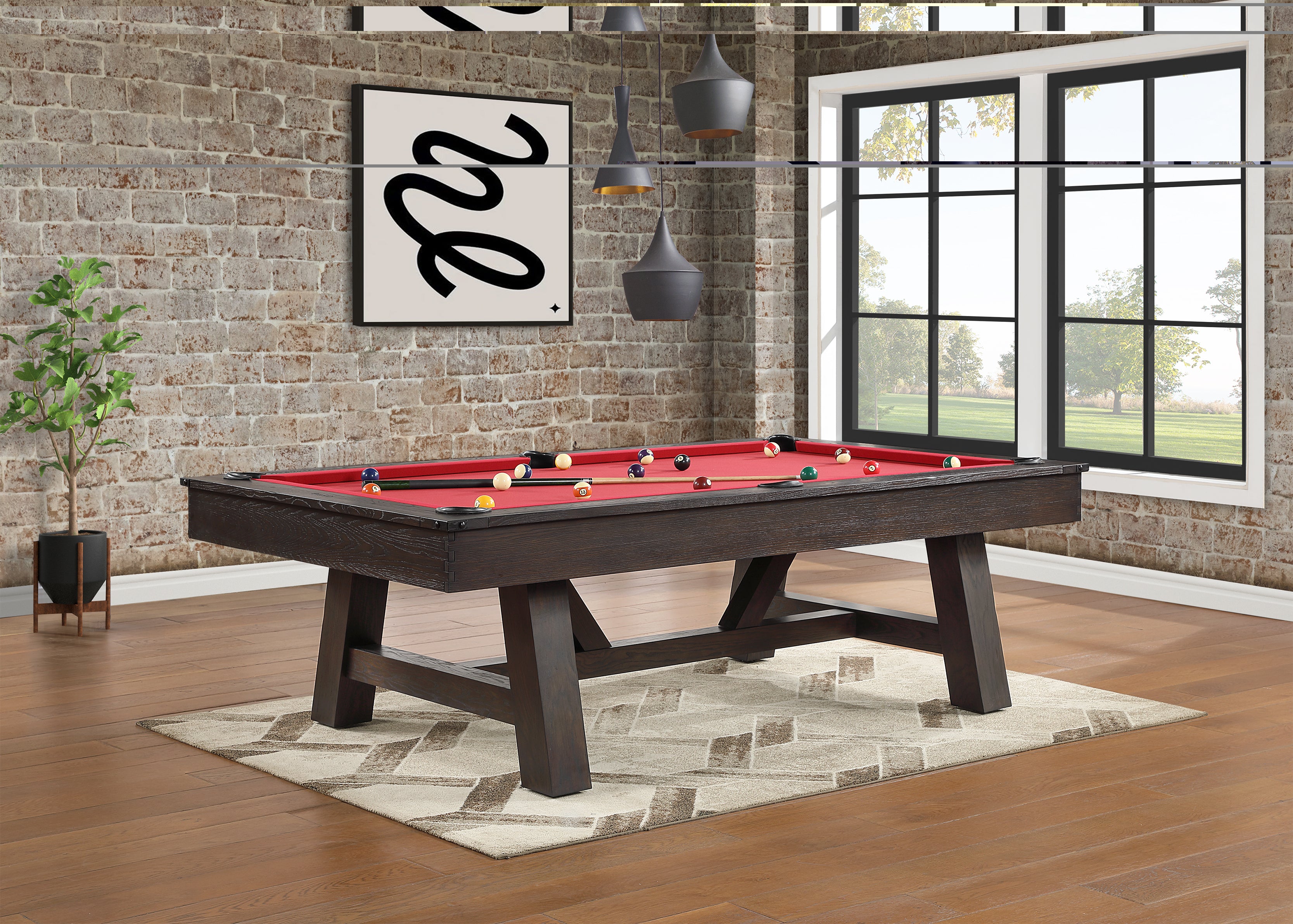 Legacy Billiards Emory Pool Table in Whiskey Barrel Finish Room Scene - Angle View with Pool Balls