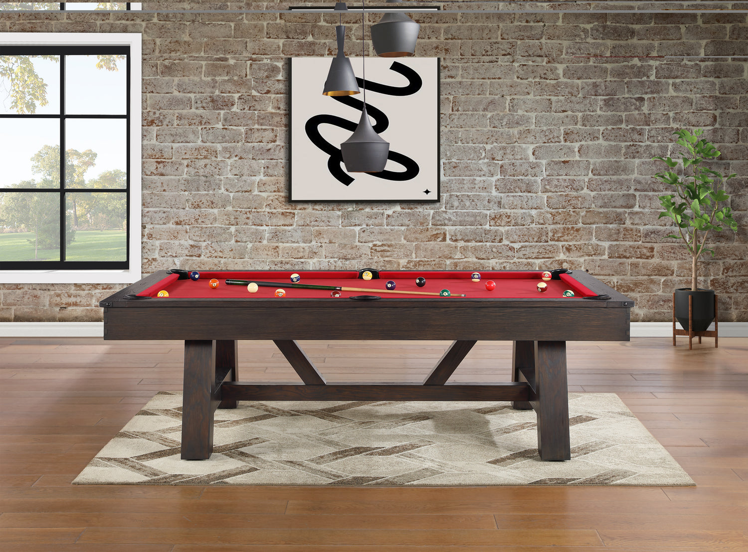 Legacy Billiards Emory Pool Table in Whiskey Barrel Finish Room Scene - Side View with Pool Balls