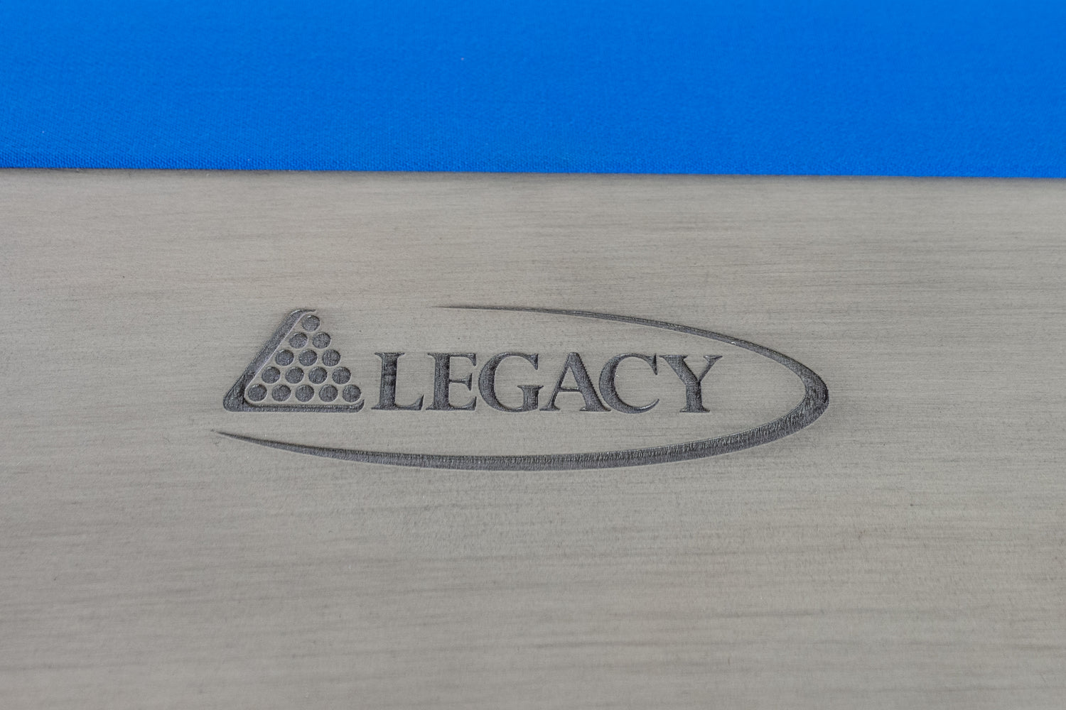 Legacy Billiards Holston Pool Table in Overcast Finish with Blue Cloth - Logo Closeup