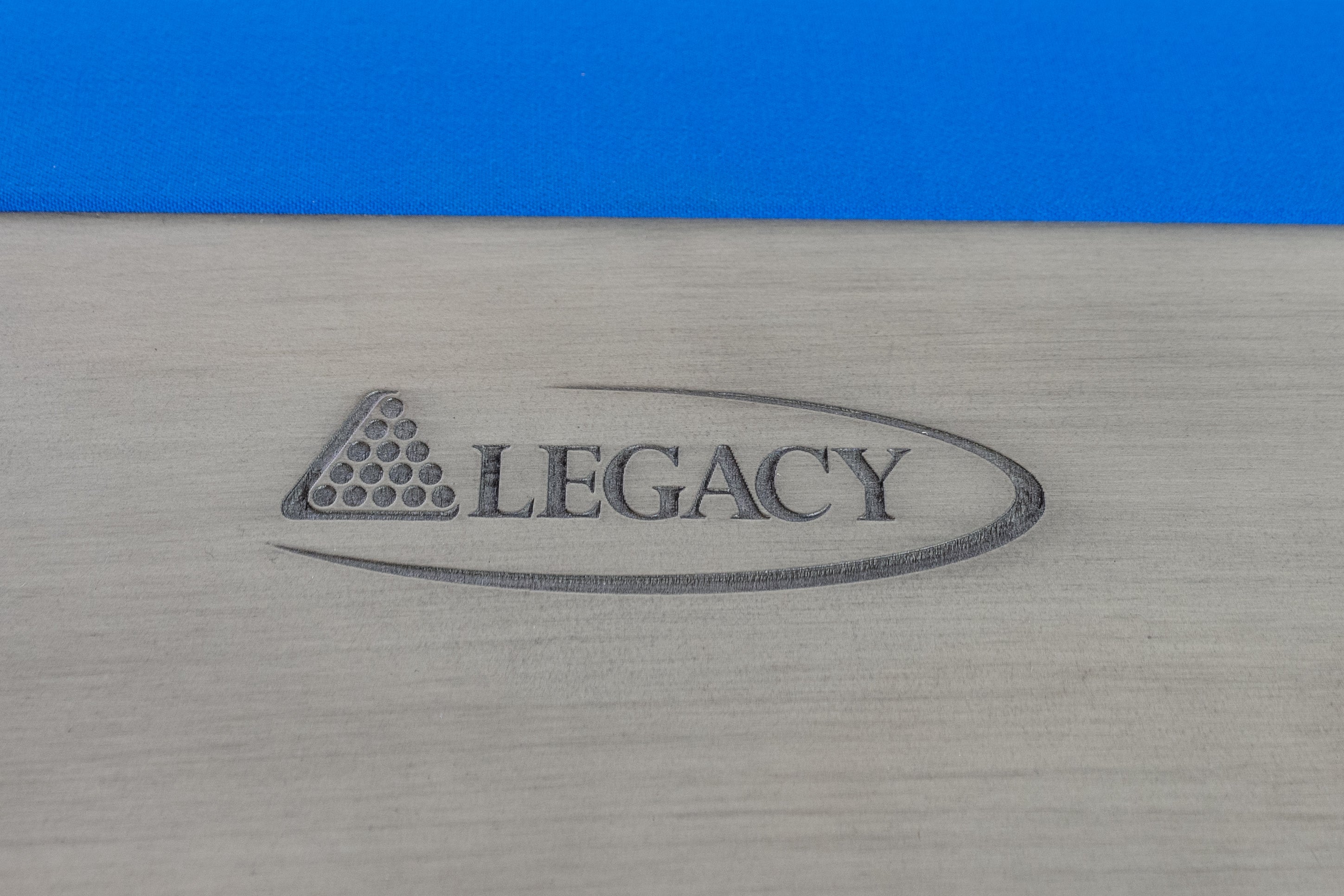 Legacy Billiards Holston Pool Table in Overcast Finish with Blue Cloth - Logo Closeup