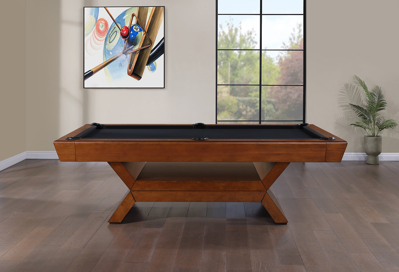 Legacy Billiards Holston Pool Table in Walnut Finish with Black Cloth - Room Scene Side View