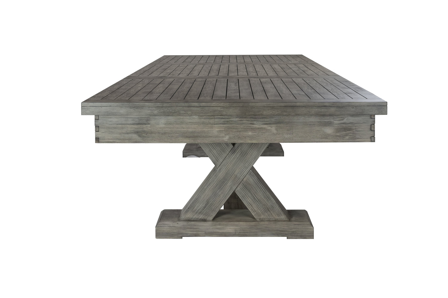 Legacy Billiards 7 Ft Outdoor Dining Top in Ash Grey Finish on a Cumberland Pool Table - End View