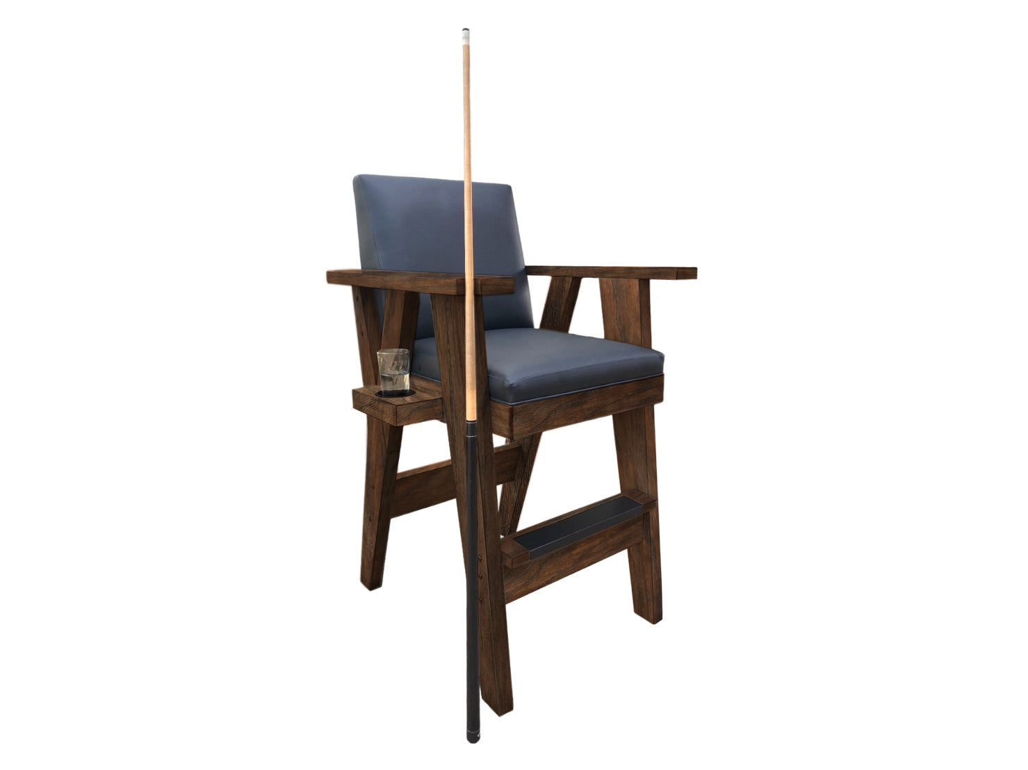 Legacy Billiards Sterling Spectator Chair in Whiskey Barrel Finish With Pool Cue and Drink
